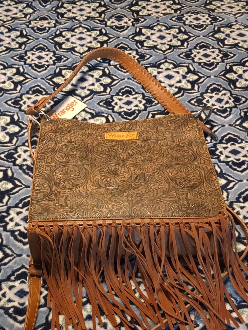 Wrangler Tan Tooled Leather Fringe Shoulder Bag